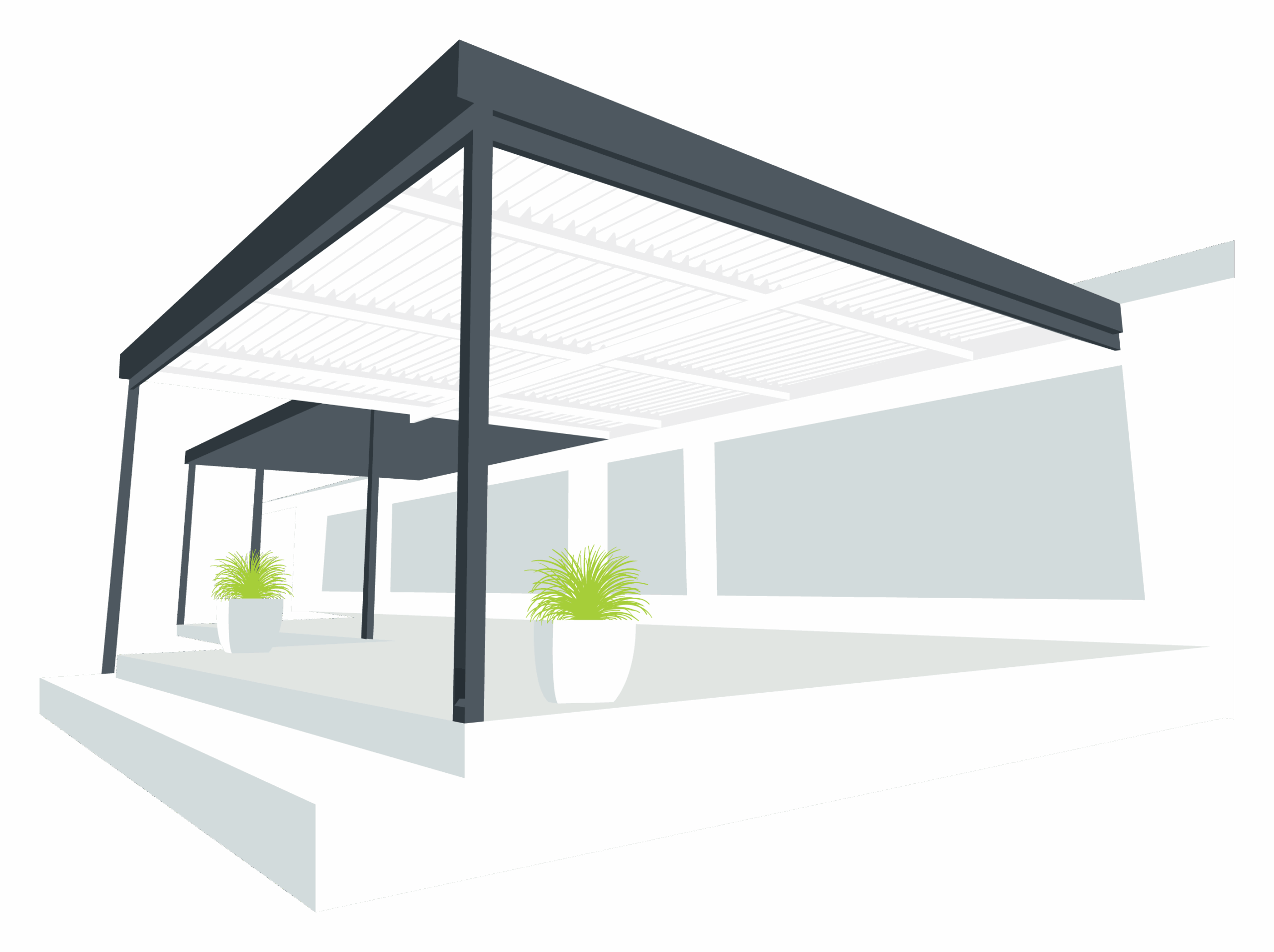 Charcoal framed adjustable Louvre awning with white louvres and an integrated pole as water outlet. Full charcoal Louvre system is also available.